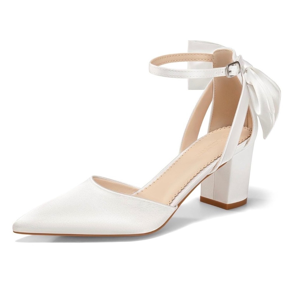 Coutgo White Satin Block Heel Pumps Ankle Strap Bow Wedding Shoes Womens 8 Party